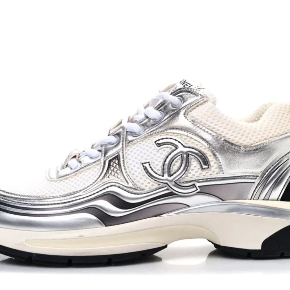 CHANEL White and Silver Mesh Logo Sneakers